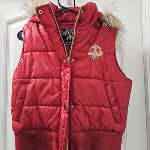 Dereon Red Puffer Vest with Faux Fur Trim